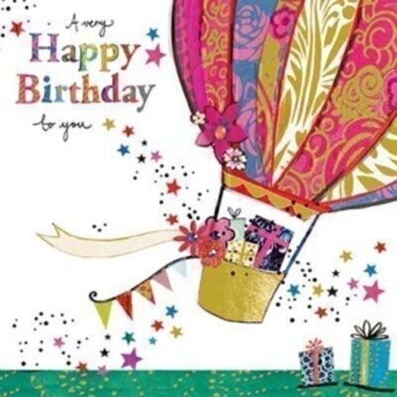 Birthday Card Hot Air Balloon by Paper Rose. This quality greeting card is designed under the Artisan label at Paper Rose. It is embossed and hot foil stamped and depicts a hot air balloon with presents in. A very Happy Birthday to you on the front and Enjoy your special day on the inside. Comes with a purple envelope. Size 16x16cm
